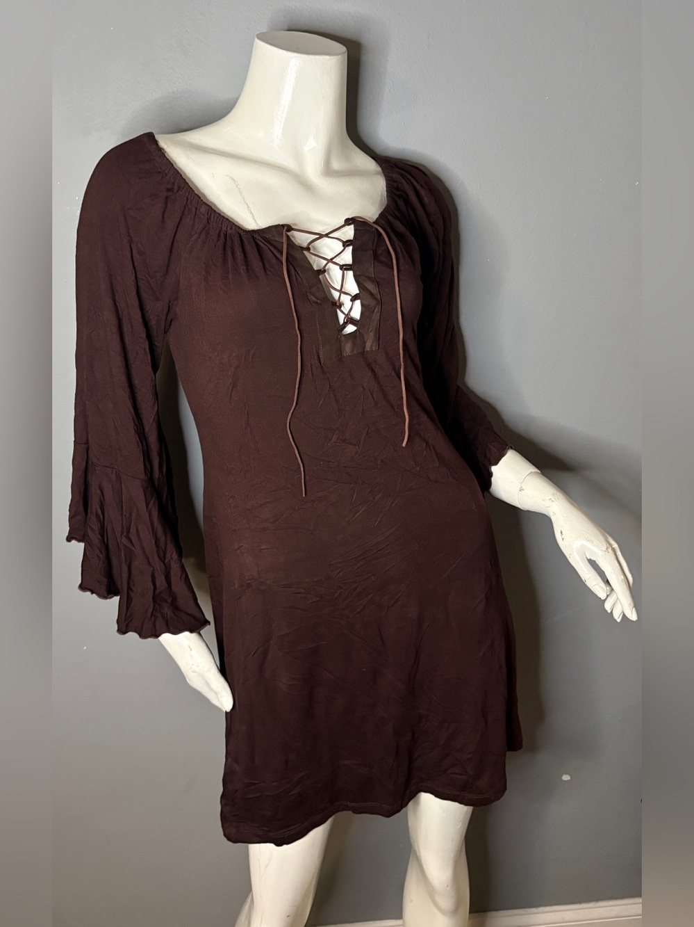 Lace-Up Peasant Tunic in Chocolate Brown